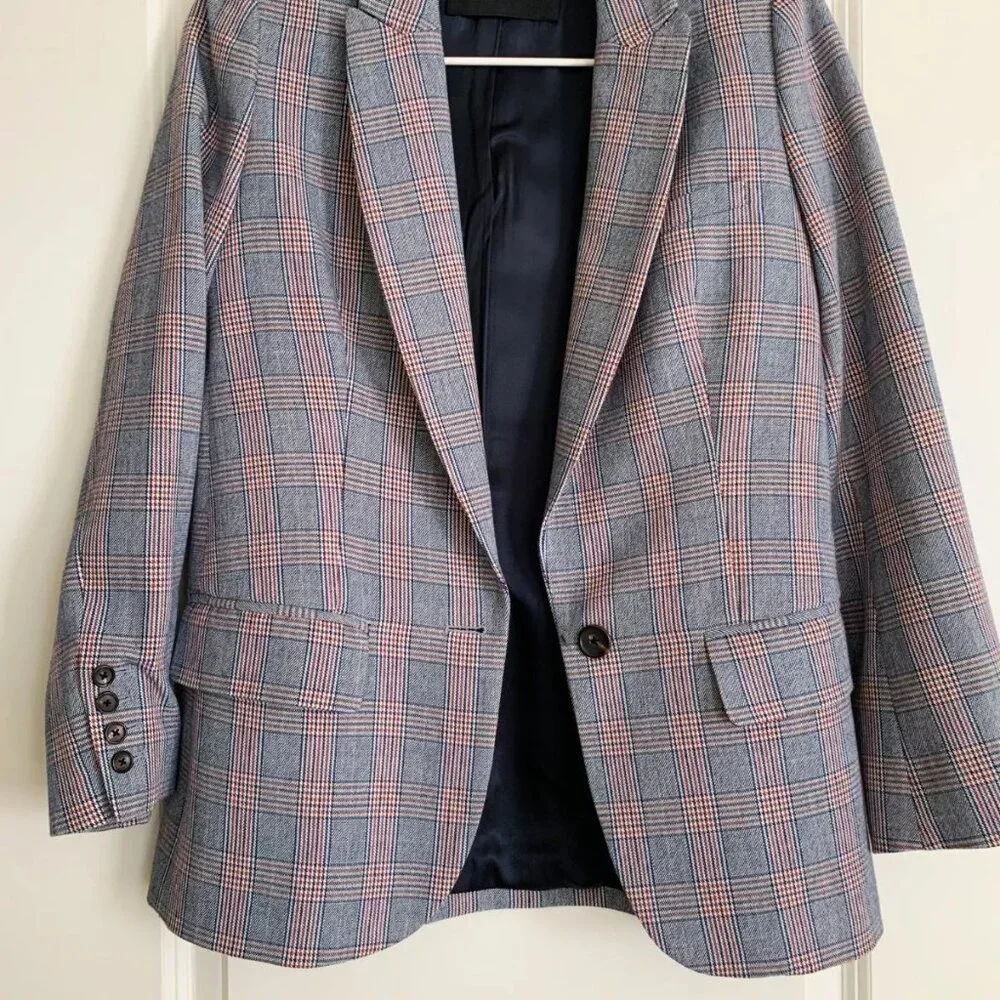 Women's Equipment Jeanne Wool Blend Check Plaid Blazer in Blue Multi Size 4